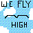 Pixelated icon with black text 'WE FLY HIGH' over a light blue checkered background and white cloud shape.