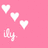 Pixelated white hearts and stylized text float on a solid pink background, with three heart shapes positioned above two letter-like forms.