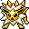 Pixelated character with yellow and white fur, red nose, black eyes, orange limbs, and flame-like head tufts on a yellow background.