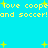 Pixelated yellow text on cyan background with scattered green stars, repeating 'love coope love coope and soccer!and soccer!' in two horizontal lines.