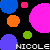 A static image of a black background filled with colorful circles and half-circles in various sizes and hues, with repeated white text reading "NICOLE" across the image.