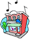 Animated cartoon building with snow-capped roof, green awning, red facade, blue window shade, and musical notes floating above.
