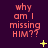 nine identical text-based images on a dark purple background, each displaying 'why am I missing HIM??' in pink pixelated font with yellow star-like symbols scattered around