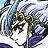 Pixelated anime-style character with dark hair and blue eyes, wearing a white outfit with purple accents, holding a staff-like object against a light background.