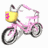 Pixelated pink bicycle with yellow basket containing a small pink flower, black tires, and gray handlebars on white background.