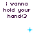 Pixelated text 'i wanna hold your hand<3' in dark purple on white background with animated blue sparkles appearing and fading across the