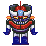 Pixel art robot with red, blue, white, and black color scheme in multiple poses including standing, crouching, and side-facing.