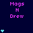 Pixelated icon with dark blue background, pink text 'Mags N Drew', and cyan heart symbols in varying quantities.