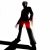 Silhouette of a figure in black hoodie and red shorts with glowing red accents on limbs against white background.