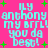 Pixelated cyan text on bright pink background with green plus signs, repeating 'ily anthony my brrrl! you da best!' in four identical quadrants.