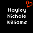 A static pixel art image with a black background, white text reading 'Hayley Nichole Williams', and an orange heart symbol above the name.