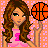 A contact sheet of 17 animated frames showing a cartoon girl holding a basketball, with repeated text variations and pink-themed elements on an orange checkered background.