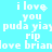 Pixelated white text on cyan background displays repeated phrases including "i love you," "puda yiaj," and "rip" with partial words like "love briandove."
