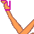 Pixelated cartoon woman in pink top and shorts lying on white background with legs raised, text below reads 'pink is pimpm' in pixel font.
