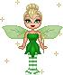 Pixel art fairy with green dress, striped leggings, and leaf wings holding a wand, set against gray background with gold stars.