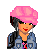 Pixel art buddy icon featuring a female character with pink headwrap, denim jacket, black pants, and pink shoes holding a pink purse with star detail next to text reading 'single n sweet' in pixelated font.