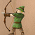 Pixelated figure in green tunic and hat draws brown bow with white arrow against beige background.