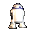 Pixelated white and blue droid with rounded head, cylindrical body, two legs, and visible details in various poses