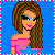 Pixelated cartoon woman with long brown hair, blue eyeshadow, pink off-shoulder top, and light blue necklace on solid blue background.