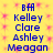 Yellow background with pink star-like patterns and blue text listing names Kelley Clare Ashley Meagan with 'bff' above each name in two vertical