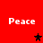Red background with four white 'Peace' texts and three black stars, one dark red star.