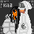 Pixel art contact sheet showing three frames of an animated buddy icon with two characters, one orange-faced figure and one white-hooded figure, against a dark background with text labels and heart symbols.