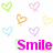 A static image with multiple pink 'Smile' text instances and colorful heart outlines on a white background.