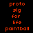 A static image displays three identical vertical of orange text on a black background, each containing the repeated phrase "proto slg for life paintball" in pixelated font