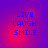 Blue pixelated text reading LIVE, LAUGH, SMILE stacked vertically on a purple-to-red gradient background with faint circular patterns.