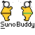 Pixelated yellow figures with white circular heads and black hair, some wearing brown or green belts, arranged in static poses under text.
