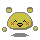Pixelated yellow circular avatar with black eyes, red mouth, pink blush marks, and floating yellow squares on gray background.