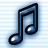 Static pixel art icon of a blue musical eighth note with black outline on light blue striped background.