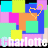 A 4x4 contact sheet of a colorful animated buddy icon featuring repeating geometric shapes, hearts, and the name "Charlotte" in various styles across multiple frames.