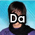 A pixelated image of a person with dark hair wearing a purple top and black scarf against a blue background, with text overlays changing across frames.