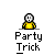 Pixelated character in yellow shirt with white skull-like face, three variations of hand position and eye color under text "Party Trick" on gray background.