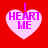 Four identical heart-shaped icons with pink fill and purple text "I HEART ME" on a red background, each with a small purple tab at the top.