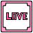 Pixelated icon with pink and black border containing 'LOVE' text in stylized letters on white background.