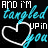 A 48x48 pixel animated buddy icon featuring a black background with cyan and white text reading "AND i'M tangled UP in you" and two heart shapes, one white outline on the left frame and one cyan outline on the right frame.