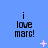 Blue background with repeated black text 'i love marc!' and scattered pink pixelated stars in various sizes.