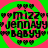 A static digital image with four identical circular sections arranged in a , each containing text and symbols on a green and pink background