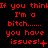 Red pixelated text on black background repeats 'If you think I'm a bitch...... you have issues!' with varying punctuation and symbols across three