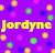 Pixelated yellow text 'Jordyne' on purple background with scattered multicolored squares in yellow, pink, green, and blue.