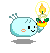 Pixel art buddy icon showing a light blue character holding a candle with flame, displayed in two animation frames side-by-side on gray background.