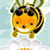 Pixelated orange creature with black stripes, large eyes, and a wide smile floats against a light blue background with white cloud shapes.