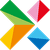 Four diamond-shaped segments in green, pink/red, yellow/orange, and blue arranged around a central point on gray background.