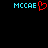 Pixelated text 'MCCAE' in cyan with a red heart symbol replacing the final letter, displayed on black background.