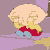 Pixelated cartoon character with light skin and yellow hair in red overalls, blue shoes, shown in multiple poses against purple background.
