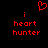 Red pixelated text and symbols on black background: two 'i heart hunter' phrases with a red heart symbol above the left phrase.