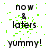 text-based icons with green pixel noise, displaying 'now & laters' and 'yummy!' in black font on white background