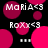 Pixelated animation with pink circles and text elements on black background, showing shifting patterns of 'Moria<3', 'Roxx<3', and three dots.